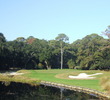 The par-4 second hole on Palmetto Dunes Resort's Oceanfront Course plays over water before the green.