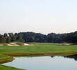 The par-4 seventh hole on Palmetto Dunes Resort's Oceanfront Course plays over water and is guarded by bunkers to the left.